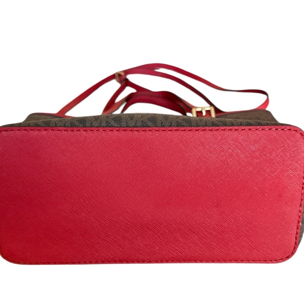 Michael Kors Jet Set Travel Signature Logo brown & red top zip small tote bag - Picture 3 of 15